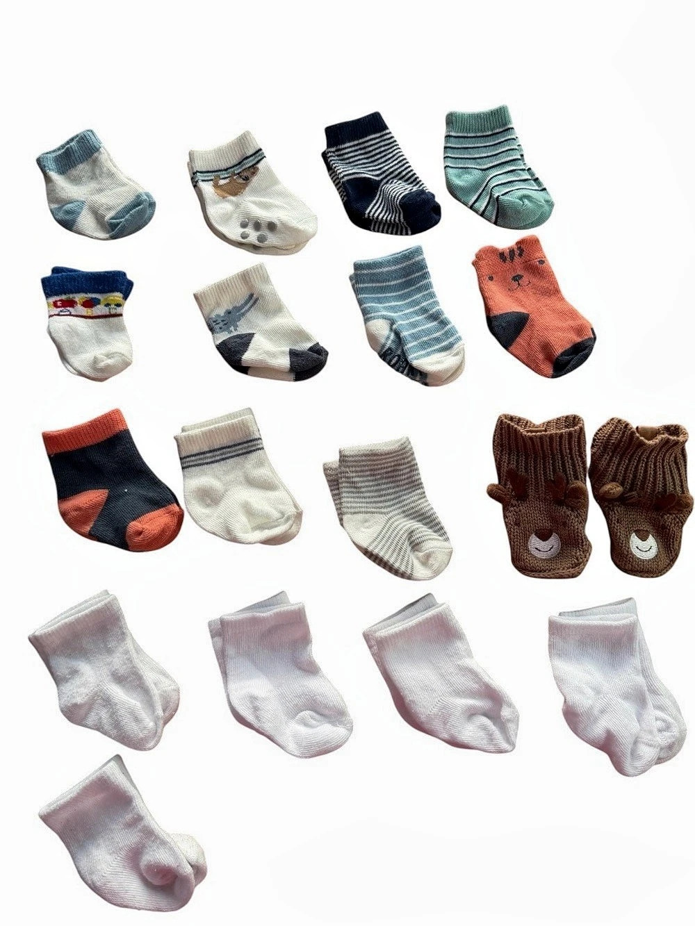 Infant Baby Boy Sock Lot - Cute Animal Faces, Stripes & Solid White Socks
